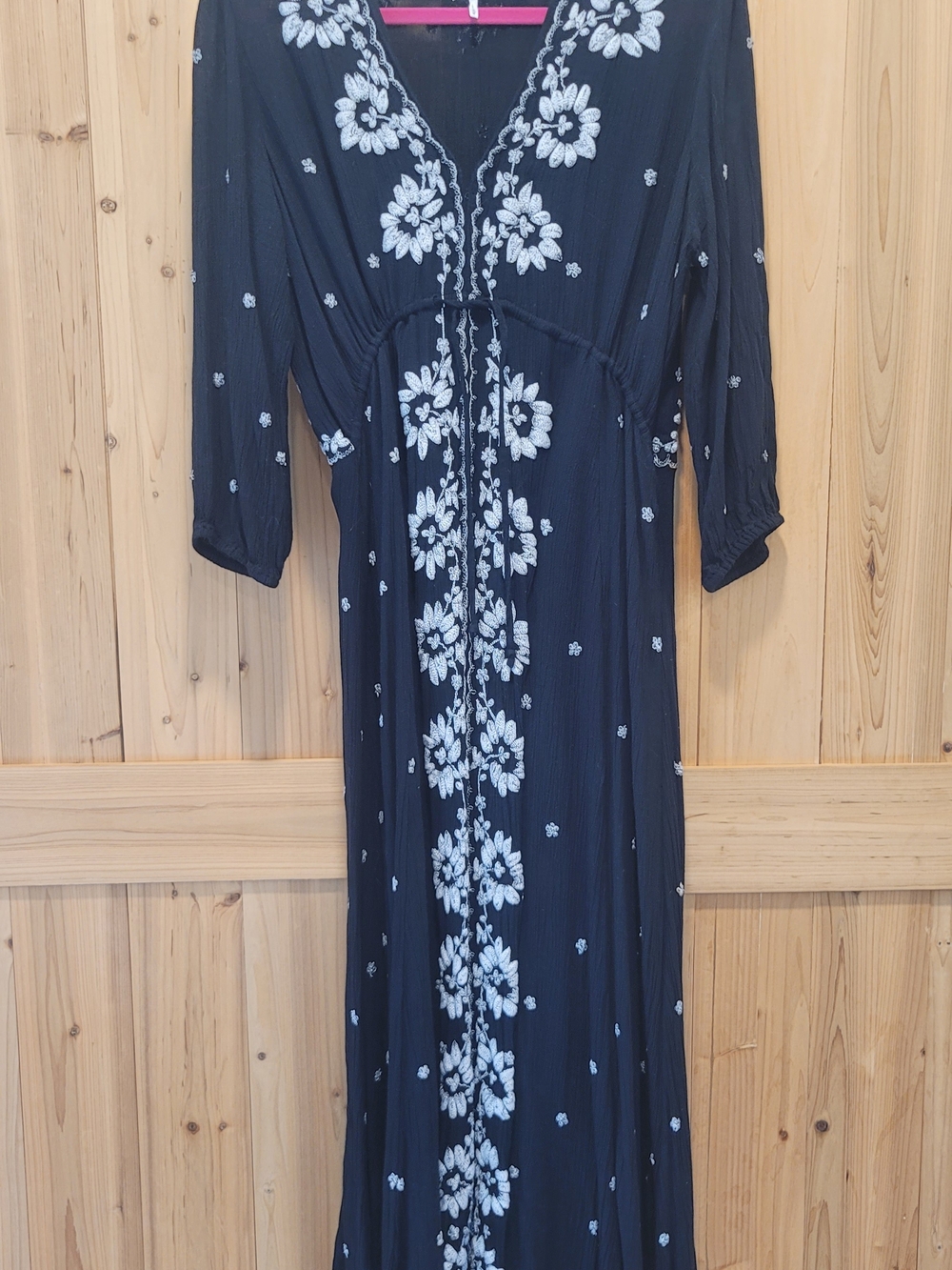 Free People Black Maxi Dress with White Floral Embroidery Trim